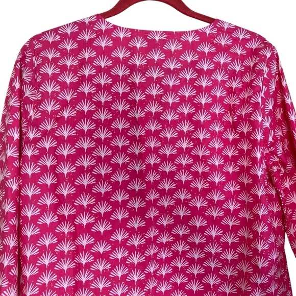 Talbots Pink White Fan Print Poplin Popover Blouse Lace Trim 3/4 Sleeves Sz X - Picture 5 of 16